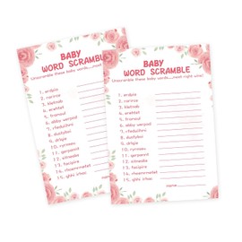 OLOUTAB 50 Baby Shower Games for Girl - Floral Theme Word Scramble, Thick Cardstock, Fun and Easy to Play (With Answer)