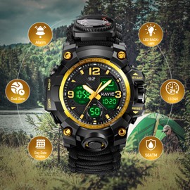 23-in-1 Survival Military Digital Watch, Mens Tactical Multi-Functional and Adjustable Wristband Outdoors Waterproof Gold Sports Watches with Compass Paracord Band
