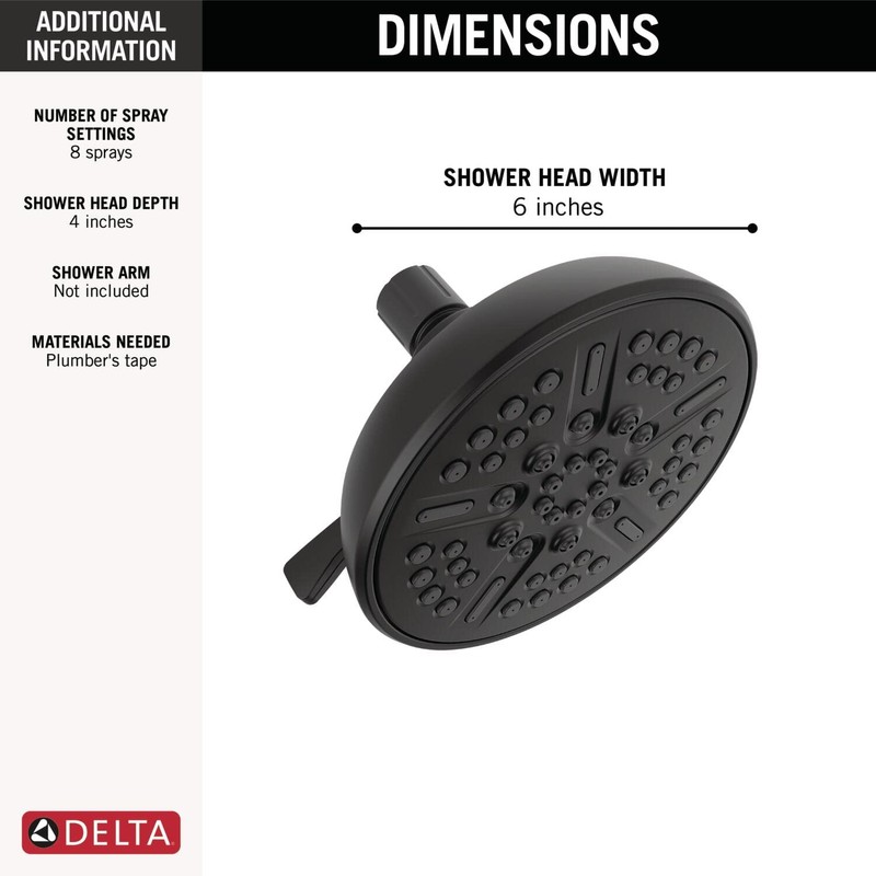 Delta Faucet 8-Spray Touch-Clean Matte Black Shower Head, Delta Shower