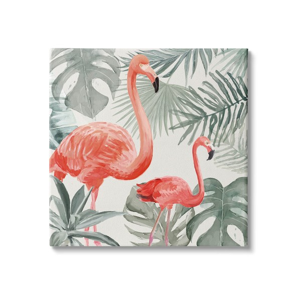 Stupell Industries Tropical Flamingo Family Pink Birds Monstera Palm Leaves,
