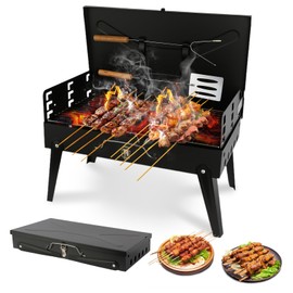 Portable Charcoal Grill Foldable BBQ Grill Kit - Compact Camping Grill for Outdoor BBQ, Cooking, Picnics, Beach, Backyard - Barbecue Accessories with Grill Tools