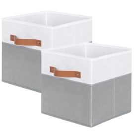 ShellKingdom Storage Bins, Two-Tone Foldable Fabric Storage Cubes with Leather Handle for Closet Toys Clothes Storage Organizer Drawer, 10.5 X 10.5 X 11 inch, 2 Pack (White/Grey)