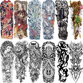 VERKSTAD Full Arm Men's Temporary Tattoos 12 Sheets, Waterproof Realistic Fake Tattoos for Boys, Totem Wolf Dragon Chinese Style