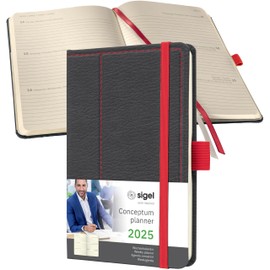 SIGEL C2556 Weekly Diary 2025, Leather Look, Approx. A6, Dark Grey/Red, Hard Cover, 176 Pages, Elastic Band, Pen Loop, Archive Pocket, Made from Sustainable Paper, Conceptum