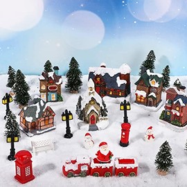 30 Pcs Christmas Village Sets Christmas Village Houses LED Holiday Time Village Figurines Christmas Village Collection Buildings Christmas Town Scene Desktop Ornaments Christmas Indoor Room Decor
