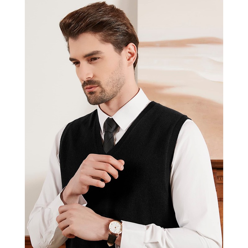 Kallspin Mens Wool Blend V Neck Sleeveless Sweater Vest, black