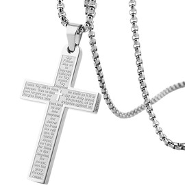 KITUREK Cross Necklace Pendant Car Mirror Hanging Accessories, Stainless Steel Cross Car Rear View Charm with Bible Verse for Car, Truck, Home, Hanging Cross Car Ornament for Men Women (Silver)