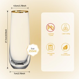 WIEJDEOOL Champagne Flutes Set of 4, Gold Rimmed Champagne Glasses 9 OZ Hand Blown Elegant Flutes for Wedding Gift