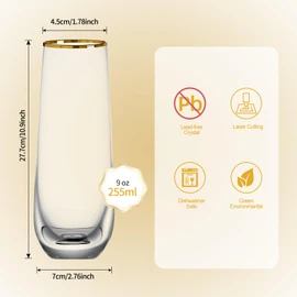 WIEJDEOOL Champagne Flutes Set of 4, Gold Rimmed Champagne Glasses 9 OZ Hand Blown Elegant Flutes for Wedding Gift
