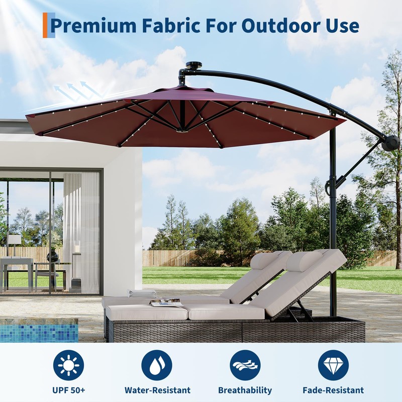 10FT Solar Lights Cantilever Umbrella outdoor patio, Offset Patio Umbrella