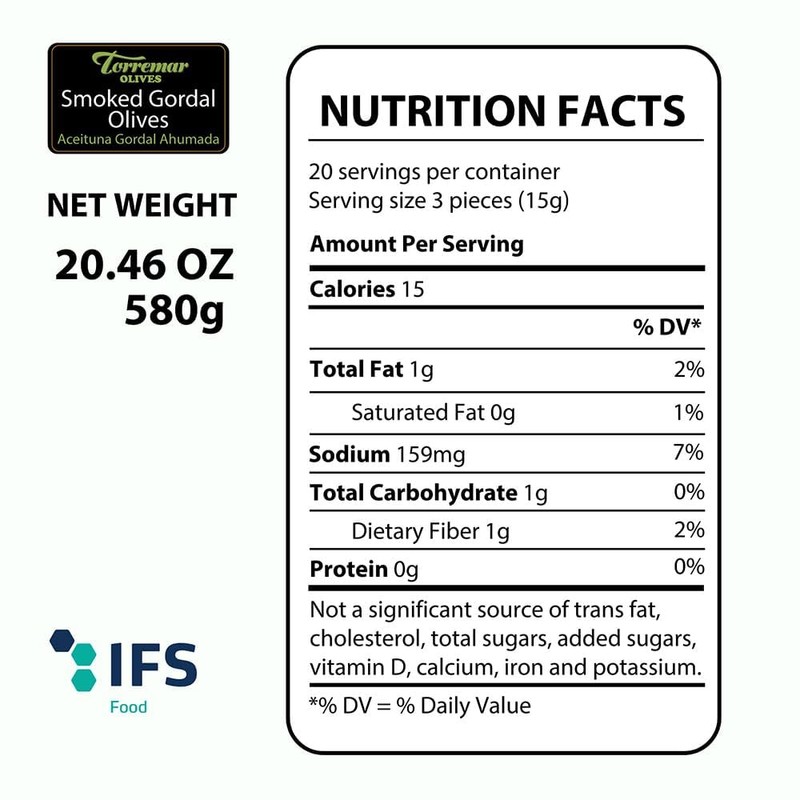 Torremar. Spanish Smoked Gordal Queen Olives. 580g (20.46oz). Pack of