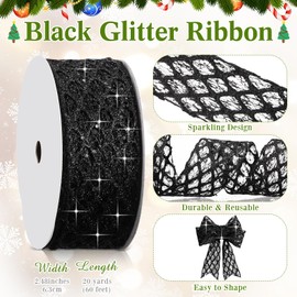 Geosar 20 Yards Black Glitter Mesh Wired Ribbon 2.5 Inch Christmas Decor