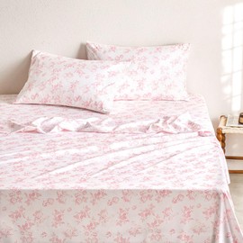 Wake In Cloud - Shabby Chic Bed Sheets, 4-Piece Sheet Set, Floral Botanical Coquette Cottagecore Vintage Flower, Soft Microfiber Deep Pocket Bedding, Pink, King Size