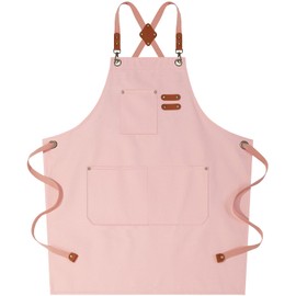 AFUN Chef Aprons for Women Men with Large Pockets, Cotton Canvas Cross Back Water Repellent Work Apron, Size M to XXL (LightPink)