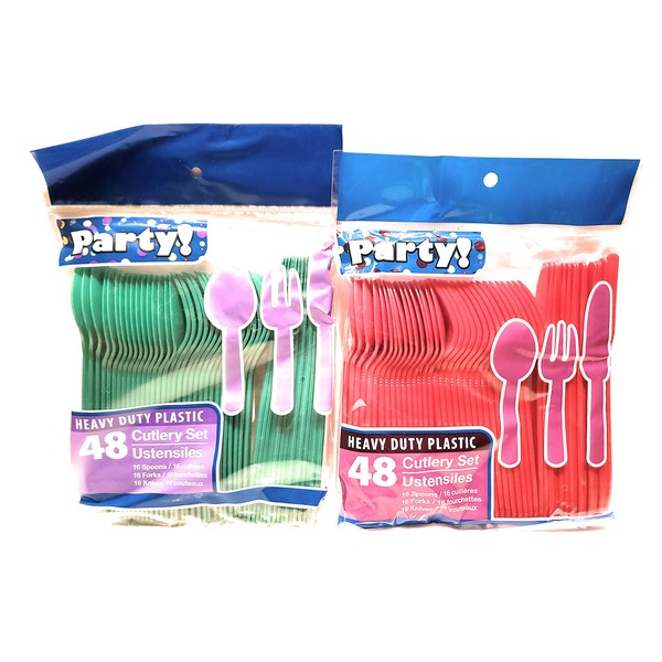 Heavy Duty Plastic Cutlery Set - Red and Green -