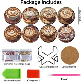 8 Pcs Diamond Painting Coasters with Corks and Holder, DIY Coffees Art Coasters Kits for Coffee Shops, Diamond Dots Art Crafts for Dining Room Supplies and Gifts