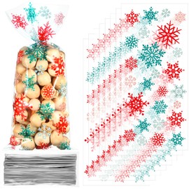 Snowflake Cello Treat Bags Christmas Xmas Party Cellophane Plastic Candy Goodie Bags with Twist Ties for Winter Holiday Wonderland Birthday Baby Shower Party Favors (Red and Green)