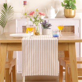 Natural and White Amalfi Striped Table Runner Linen Blend Table Decor Elegant Classic Tablecloth Machine Washable for Indoor Outdoor Events Family Dinner Banquet Parties and Celebrations (14x36 Inch)