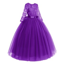 Little Big Girls Vintage Floral Lace Half Sleeve Pageant Long Tutu Dress Princess Party Floor Length Tulle First Communion Junior Bridesmaid Formal Prom Puffy Evening Dance Gowns Purple 5-6 Years