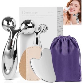 Juego de 2 Piezas Herramientas Faciales - Gua Sha de Acero Inoxidable y Rodillo Facial para Masaje, Kit de Belleza para Reducir Hinchazón, Reafirmar Piel y Mejorar Circulación (plateado)