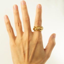 HOLINSE Gold Chunky Stackable Rings for Women Non Tarnish, 18K Gold Plated Multi-Link Connected Rings, Stackable CZ Cubic Zirconia Rings Set (7)