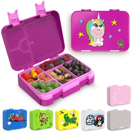 TAKWAY Children's Bento Box with Compartments, Unicorn Purple, Robust Lunch Box with Dividers, Variable 4 or 6 Compartments, Lunch Box for Nursery, Children, Kids, with Compartments
