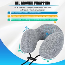 NLQS Airplane Travel Pillow,Natural Latex Neck Pillow,Make You Feel Comfortable Airplane Neck Pillow,Comfortable and Breathable,Support Head and Neck,Travel Essentials,Eye Mask and Ear Plugs Gray Set