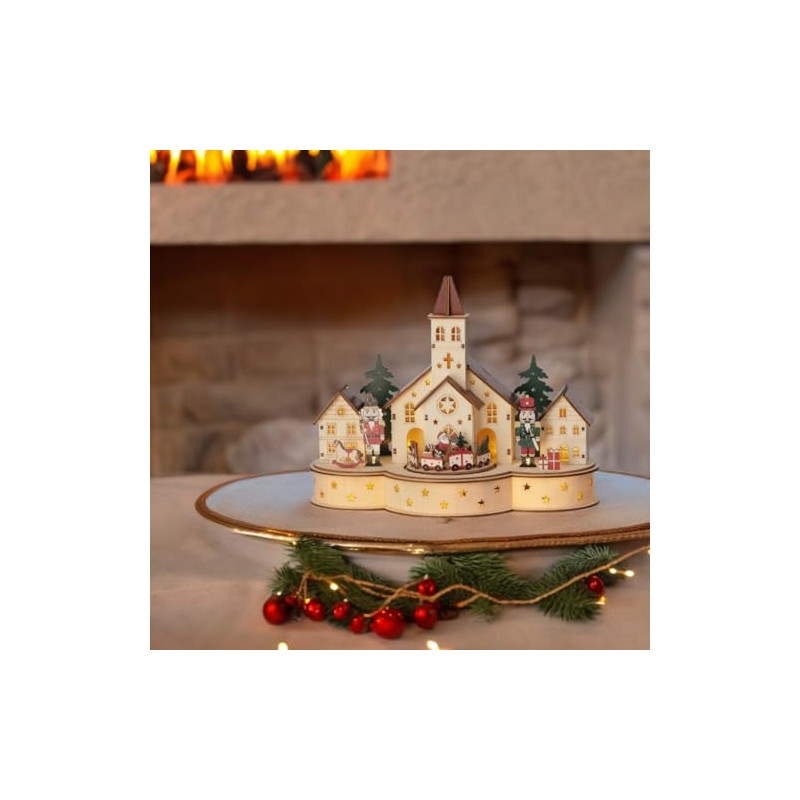Lumineo LED Wood Village Church with Train Scene, Music and