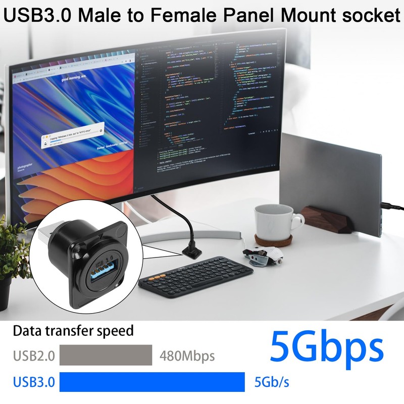 QIANRENON USB 3.0 Male to Female Panel Mount Adapter 5Gbps