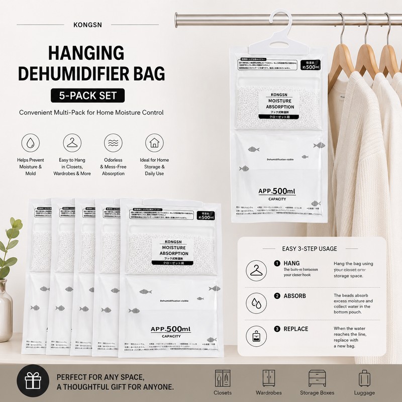 Hanging Moisture Absorber Bags for Closet Humidity Control – 5-Pack