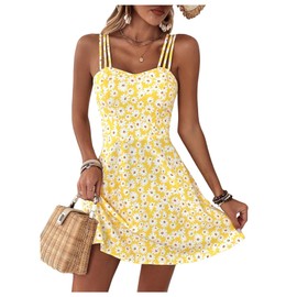 SOLY HUX Women's Floral Print Cami Dress Spaghetti Strap A Line Flowy Summer Mini Dresses Sundress Yellow Floral Medium
