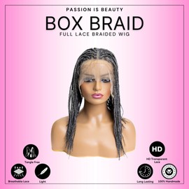 PIB Single Full Lace Knotless Box Braid Wig Square Parted Braided Wigs for Black Women Braid Wig with Natural Baby Hair (#44 Charcoal Gray, 12")
