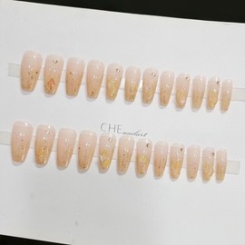 24pcs Gold Press On Nails Gold Press On Nails Long - Champagne Long Nails Rhinestone Press On Nails for Women and Girls - Glossy Glue On Nail Tips with Gold Diamond Accent - Elegant Nail Art