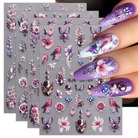 JMEOWIO 3D Embossed Flower Nail Art Stickers Decals Self-Adhesive 5D Spring Summer Floral Nail Supplies Nail Art Design Decoration Accessories 4 Sheets