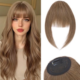 Benehair Clip-In Real Hair Fringe, French Air Fringe, Real Hair 14 g, Clip in Bangs, Real Hair Front Fringe, 100% Natural Bangs with Temple Face Shape, Change High Hairline, Light Brown #6