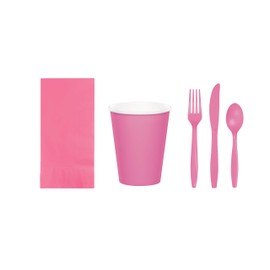 Baxters Party Bundles Bulk, Candy Pink, 50 Count Paper Dinner Napkins, 48 Count 9 Ounce Paper Hot/Cold Cups, Heavyweight Plastic Cutlery for 48 People, Box of 242