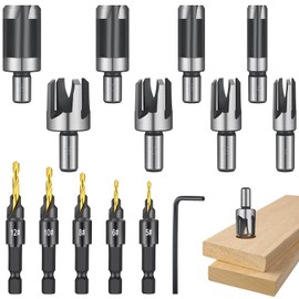 14 Pcs Countersink Drill Bit Set, 5 Wood Drill Bits and 8 Plug Cutters with L-Wrench, Titanium-coated Self Centering Drill Bit with 1/4" Hex Shank, Quick-Change Wood Plug Cutter Set for Woodworking