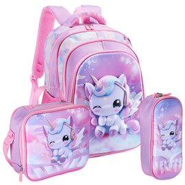 Unicorn Kids Backpack Set for Girls - 3D Pattern Bookbag & Lunch Box & Pencil Case for Preschool Kindergarten Primary Junior Elementary School Teen Students (6-12 Age)