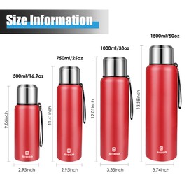 Vacuum Insulated Flask 1500ml/50oz with Cup lid Stainless Steel Thermo Water Flasks Leakproof Keep Coffee hot&Cold Drink Bottle.(Red,1500ml)