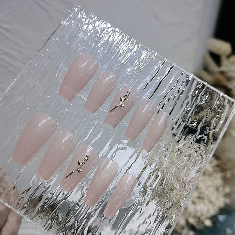 24pcs Nail Tips Golden Rose Nudy Long Square Nails