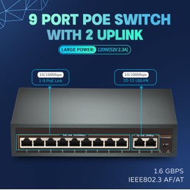 9 Port PoE Switch with 2 Uplink, 9 PoE+ Port 100Mbps, 120W 802.3af/at, Metal Desktop Wall Mountable,VLAN Function,250 Meters Extend,Metal Fanless Plug and Play Network Switch