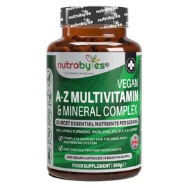 Nutrabytes Vegan A-Z Multivitamin & Mineral Complex, 360 Capsules | 26 Essential Vitamins & Minerals Plant Based Supplement with Turmeric, Iron, Folic Acid and Zinc | 6 Months | UK Made