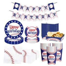 Baseball birthday Decorations - happy birthday banner,Plate, Cup, Napkin,Boats Paper Serving Tray, Baseball Birthday Party Supplies,Serve 24