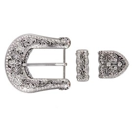 Western Floral Scroll Rhinestone Belt Buckle Set for Replacement Leather Craft, Silver