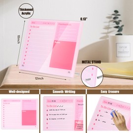 Desktop Thickened Acrylic Dry Erase Board to do List Planner Board，12"x10"，Tabletop Whiteboard with Stand，Frameless Pink Dry Erase White Board，for Office/Home/School