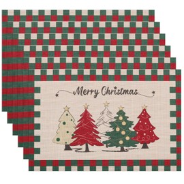 Banchif Christmas Placemats are With Classic Christmas elements Red Green Buffalo Plaid and Christmas Trees Designed, Washable Non-Slip Heatproof Woven Placemats Set of 6 (17.7" X 11.8")