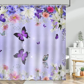 Avezano Butterfly Shower Curtain Spring Purple Flower Butterfly Bathroom Bathtub Shower Curtain Waterproof Home Bath Decor with 12 Hooks 72 X 72 Inches