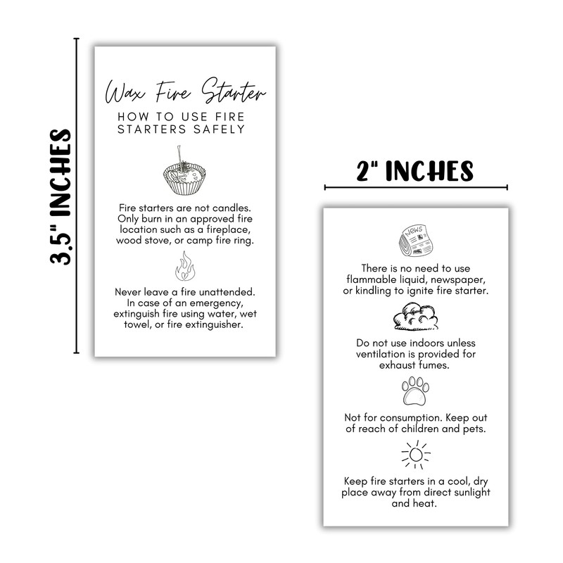 Wax Fire Starter Care Guide Instruction Card | 50pk 2x3.5”