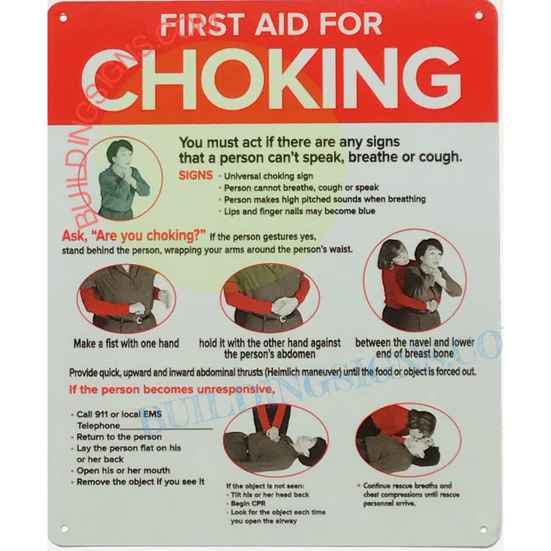 NYC RESTURANT SIGN- FIRST AID FOR CHOKING SIGN 7x10(WHITE, REFLECTIVE,ALUMINIUM-RUST