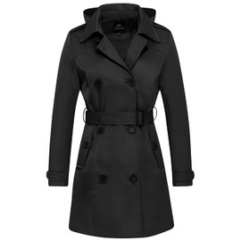 FARVALUE Women's Waterproof Trench Coat Double Breasted Windbreaker Classic Belted Lapel Overcoat with Removable Hood Black 3X-Large